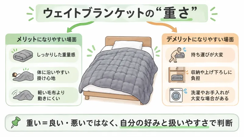 ウェイトブランケットの「重さ」がメリットとデメリットの両方になることを示す図解