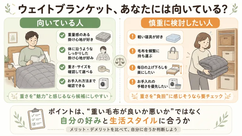 「向いている人/慎重に検討したい人」を左右に分けた比較イラスト